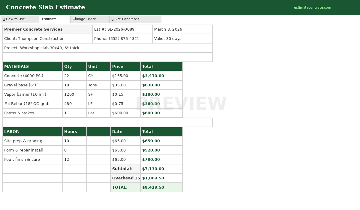 Slab Estimate preview